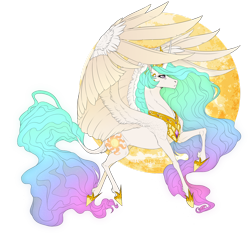 Size: 1600x1494 | Tagged: safe, artist:dementra369, princess celestia, alicorn, pony, g4, concave belly, curly hair, female, glowing hair, jewelry, lacrimal caruncle, large wings, regalia, simple background, slender, solo, sun, thin, transparent background, wings