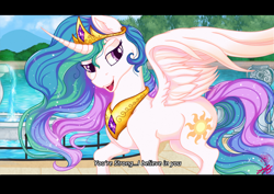 Size: 2230x1580 | Tagged: safe, artist:stainedglasslighthea, princess celestia, alicorn, pony, g4, black bars, curved horn, female, horn, letterboxing, looking at you, mare, solo, text