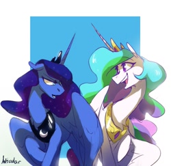 Size: 1201x1165 | Tagged: safe, artist:anticular, princess celestia, princess luna, alicorn, pony, g4, duo, female, floppy ears, mare, open mouth, raised hoof, royal sisters, sisters, spread wings, wings