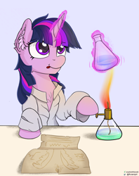 Size: 1396x1762 | Tagged: safe, artist:exploretheweb, twilight sparkle, pony, unicorn, g4, alcohol burner, chemistry, chest fluff, ear fluff, erlenmeyer flask, flask, glowing horn, horn, solo, tongue out