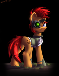 Size: 2300x3000 | Tagged: safe, artist:shido-tara, oc, oc only, oc:leo zodiac, fallout equestria, fallout equestria: project horizons, clothes, fanfic art, high res, looking back, simple background