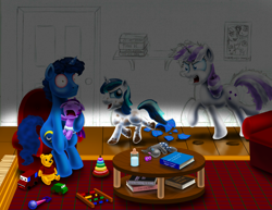 Size: 3300x2550 | Tagged: safe, artist:jac59col, night light, shining armor, smarty pants, twilight sparkle, twilight velvet, pony, g4, baby, baby pony, babylight sparkle, bloodshot eyes, book, bottle, broken glass, broken vase, crying, crylight sparkle, desperation, high res, mud, parenting, toy, vase, wat, winnie the pooh, wip, younger