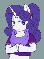 Size: 1519x2038 | Tagged: safe, artist:phutashi, rarity, genie, unicorn, semi-anthro, g4, alternate hairstyle, arm hooves, bust, clothes, female, geniefied, gray background, hooves together, lidded eyes, looking at you, simple background, smiling, solo, three quarter view
