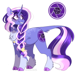 Size: 1020x980 | Tagged: safe, artist:wanderingpegasus, oc, oc only, pony, unicorn, braid, chest fluff, cloven hooves, cutie mark, ear fluff, female, jewelry, leonine tail, magical lesbian spawn, mare, necklace, offspring, parent:starlight glimmer, parent:trixie, parents:startrix, simple background, smiling, solo
