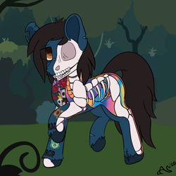 Size: 1600x1600 | Tagged: safe, artist:ashersketch, earth pony, pony, undead, zombie, zombie pony, blood, bone, bring me the horizon, commission, dissectibles, fangs, forest, lip piercing, male, oliver sykes, organs, piercing, ponified, rainbow blood, raised hoof, signature, skeleton, solo, stallion, tattoo, torn ear, unshorn fetlocks, ych result