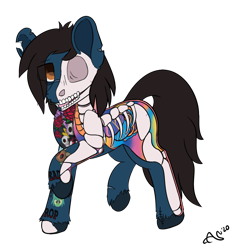 Size: 1120x1199 | Tagged: safe, alternate version, artist:ashersketch, earth pony, pony, undead, zombie, zombie pony, blood, bone, bring me the horizon, commission, dissectibles, fangs, lip piercing, male, oliver sykes, organs, piercing, ponified, rainbow blood, raised hoof, signature, simple background, skeleton, solo, stallion, tattoo, torn ear, transparent background, unshorn fetlocks, ych result