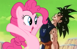 Size: 656x418 | Tagged: safe, editor:logan jones, pinkie pie, earth pony, pony, g4, 10 hours in photoshop, blood, defeated, dragon ball, dragon ball z, female, humiliation, majestic as fuck, male, mare, meme, pinkie pie is god, shitposting, son goku, team four star in the comments, the weak should fear the strong, vector used