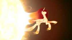 Size: 2300x1300 | Tagged: safe, artist:makc-hunter, princess celestia, alicorn, pony, g4, eyes closed, female, fire, solo, sun