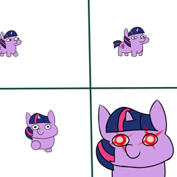 Size: 2000x2000 | Tagged: artist needed, source needed, safe, twilight sparkle, pony, unicorn, g4, comic, glowing eyes, high res, looking at you, meme, simple background, solo, squatpony, the fourth wall cannot save you, twiggie, unicorn twilight, vibe check, walking