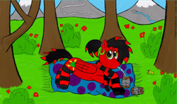 Size: 2560x1504 | Tagged: safe, artist:vinylwalk3r, oc, oc only, oc:lightning lily, pegasus, pony, black, blanket, blue and purple blanket, clothes, ear piercing, earring, eye, eyes, flower, flowing, green, jewelry, mountain, painted, picnic, picnic blanket, piercing, red, red and black oc, scarf, snow, socks, soda, striped socks, tree, water