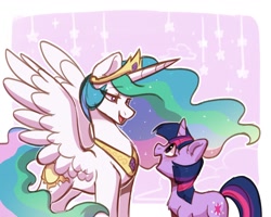 Size: 1280x1024 | Tagged: safe, artist:oofycolorful, princess celestia, twilight sparkle, alicorn, pony, unicorn, g4, chest fluff, crown, cute, cutelestia, duo, female, horn, jewelry, looking at each other, mare, open mouth, profile, regalia, simple background, spread wings, twiabetes, unicorn twilight, wings
