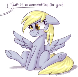 Size: 1759x1747 | Tagged: safe, artist:datte-before-dawn, artist:dsp2003, derpy hooves, pegasus, pony, :t, angry, bad pony, chest fluff, collaboration, cute, derpabetes, dialogue, ear fluff, ears back, female, frog (hoof), frown, glare, grumpy, madorable, mare, muffin, nose wrinkle, offscreen character, pure unfiltered evil, scrunchy face, simple background, sitting, solo, speech bubble, spread wings, that pony sure does love muffins, this will end in death, this will end in tears, this will end in tears and/or death, underhoof, white background, wings