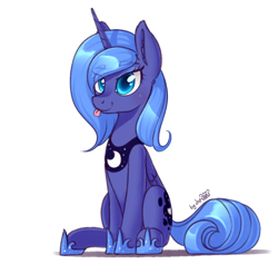 Size: 1284x1261 | Tagged: safe, artist:dsp2003, princess luna, alicorn, pony, g4, :p, colored pupils, cute, ear fluff, eye clipping through hair, eyebrows, eyebrows visible through hair, female, lidded eyes, looking at you, lunabetes, mare, s1 luna, simple background, sitting, smiling, solo, tongue out, white background