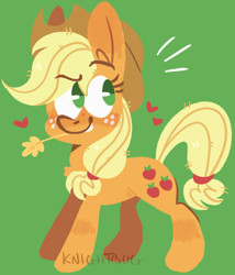 Size: 736x858 | Tagged: safe, artist:knightbug, applejack, earth pony, pony, g4, cowboy hat, female, green background, hat, heart, mare, no pupils, simple background, smiling, solo, straw in mouth