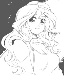 Size: 1010x1194 | Tagged: safe, artist:nekoshiei, sunset shimmer, equestria girls, g4, adorasexy, anime style, beautiful, breasts, bust, busty sunset shimmer, choker, cleavage, cute, eyelashes, female, looking at you, monochrome, sexy, shimmerbetes, smiling, solo