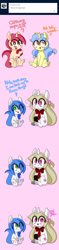 Size: 1500x6380 | Tagged: safe, artist:fullmetalpikmin, oc, oc:cherry blossom, oc:mal, oc:poppy seed, oc:viewing pleasure, tumblr:ask viewing pleasure, amputee, ask, blushing, dialogue, frog (hoof), looking at you, simple background, sitting, underhoof