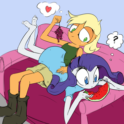 Size: 2000x2000 | Tagged: safe, artist:backgrounds-ponies, applejack, rarity, equestria girls, g4, barefoot, boots, couch, feet, female, food, grapes, high res, lesbian, lying down, lying on top of someone, prone, question mark, ship:rarijack, shipping, shoes, the pose, watermelon, wiggling toes