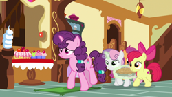 Size: 1920x1080 | Tagged: safe, screencap, apple bloom, scootaloo, sugar belle, sweetie belle, g4, the big mac question, cutie mark, cutie mark crusaders, food, pie, the cmc's cutie marks