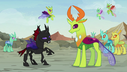 Size: 1920x1080 | Tagged: safe, screencap, arista, clypeus, cornicle, frenulum (g4), lokiax, pharynx, soupling, thorax, changedling, changeling, g4, to change a changeling, background changeling, flying, king thorax, male, raised hoof, spread wings, wings
