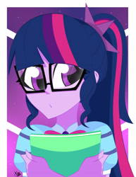 Size: 2448x3174 | Tagged: safe, artist:xan-gelx, sci-twi, twilight sparkle, equestria girls, g4, abstract background, adorkable, book, clothes, crossed arms, cute, dork, eyelashes, female, glasses, high res, meganekko, passepartout, solo, twiabetes
