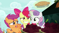 Size: 1280x720 | Tagged: safe, screencap, apple bloom, scootaloo, sweetie belle, g4, the big mac question, cutie mark, cutie mark crusaders, food, pie, the cmc's cutie marks