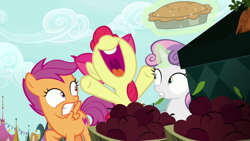 Size: 1920x1080 | Tagged: safe, screencap, apple bloom, scootaloo, sweetie belle, g4, the big mac question, cutie mark, cutie mark crusaders, food, mawshot, open mouth, pie, the cmc's cutie marks, uvula, volumetric mouth
