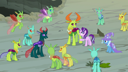 Size: 1920x1080 | Tagged: safe, screencap, arista, clypeus, cornicle, frenulum (g4), lokiax, pharynx, soupling, starlight glimmer, thorax, trixie, changedling, changeling, pony, unicorn, g4, to change a changeling, background changeling, butt, female, flying, king thorax, male, mare, plot, prince pharynx, raised hoof