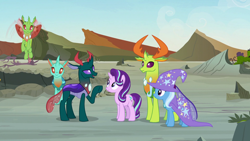Size: 1920x1080 | Tagged: safe, screencap, arista, cornicle, pharynx, starlight glimmer, thorax, trixie, changedling, changeling, g4, to change a changeling, background changeling, female, king thorax, male, mare, prince pharynx, raised hoof