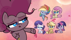 Size: 1920x1080 | Tagged: safe, screencap, applejack, fluttershy, pinkie pie, rainbow dash, rarity, twilight sparkle, alicorn, earth pony, pegasus, pony, unicorn, g4.5, my little pony: pony life, the great divide, animated, bipedal, eyes closed, female, lidded eyes, looking at you, mane six, mare, musical instrument, sitting, sound, trumpet, twilight sparkle (alicorn), webm