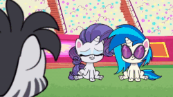 Size: 1920x1080 | Tagged: safe, screencap, dj pon-3, herd happily, rarity, vinyl scratch, pony, zebra, g4.5, my little pony: pony life, the rarity report, animated, bipedal, cartoon physics, clothes, eyes closed, female, hammerspace, male, mare, microphone, mute, mute vinyl, necktie, record, shirt, sitting, sound, webm