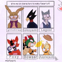 Size: 1080x1080 | Tagged: safe, artist:haze_acid, applejack, earth pony, fox, koopa, pony, rabbit, robot, wolf, anthro, g4, animal, animatronic, anthro with ponies, beastars, bowser, bust, choker, crossover, eyepatch, female, fire, five nights at freddy's, foxy, fumikage tokoyami, glitchtrap, grin, hat, hook, horns, legosi (beastars), male, mare, my hero academia, necktie, open mouth, signature, six fanarts, smiling, spiked choker, super mario bros.