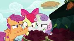 Size: 1920x1080 | Tagged: safe, screencap, apple bloom, scootaloo, sweetie belle, g4, the big mac question, cutie mark, cutie mark crusaders, food, pie, the cmc's cutie marks