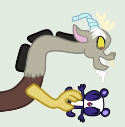 Size: 2696x2720 | Tagged: safe, artist:jadeharmony, discord, bear, draconequus, panda, g4, crossover, duo, eyes closed, female, gray background, high res, littlest pet shop, male, penny ling, simple background, tickle torture, tickling