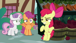 Size: 1920x1080 | Tagged: safe, screencap, apple bloom, scootaloo, sweetie belle, earth pony, pegasus, pony, unicorn, g4, the big mac question, bipedal, bipedal leaning, carrot, cutie mark, cutie mark crusaders, female, filly, food, leaning, smiling, smug, standing on two hooves, the cmc's cutie marks, varying degrees of want