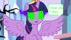 Size: 1280x720 | Tagged: safe, artist:movieliker236, edit, edited screencap, screencap, king sombra, twilight sparkle, alicorn, pony, g4, the beginning of the end, brainwashed, female, glowing eyes, hypnosis, hypnotized, mare, mind control, open mouth, solo, sombrafied, twilight sparkle (alicorn)