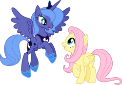 Size: 1613x1120 | Tagged: safe, artist:estories, artist:sunran80, edit, editor:lunarangel, vector edit, fluttershy, princess luna, alicorn, pegasus, pony, cute, female, flying, happy, lesbian, looking down, looking up, lunabetes, lunashy, mare, open mouth, raised hoof, s1 luna, shipping, show accurate, shyabetes, simple background, smiling, transparent background, vector, wings