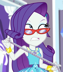 Size: 557x635 | Tagged: safe, screencap, rarity, costume conundrum, costume conundrum: rarity, equestria girls, g4, my little pony equestria girls: better together, cropped, female, geode of shielding, glasses, magical geodes, measuring tape, rarity's glasses, solo