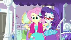 Size: 1920x1080 | Tagged: safe, screencap, fluttershy, rarity, costume conundrum, costume conundrum: rarity, equestria girls, g4, my little pony equestria girls: better together, female, geode of fauna, geode of shielding, glasses, hairpin, magical geodes, rarity's bedroom, rarity's glasses