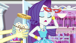 Size: 1920x1080 | Tagged: safe, screencap, fluttershy, rarity, costume conundrum, costume conundrum: rarity, equestria girls, g4, my little pony equestria girls: better together, armpits, darling jar, eyes closed, female, geode of shielding, glasses, magical geodes, rarity's glasses, swear jar