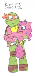 Size: 716x1534 | Tagged: safe, artist:cmara, pinkie pie, earth pony, pony, turtle, g4, bandana, bridal carry, carrying, crossover, female, hug, looking at each other, male, mare, michelangelo, one eye closed, open mouth, simple background, teenage mutant ninja turtles, tmnt 2012, traditional art, white background, wink