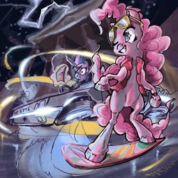 Size: 2500x2500 | Tagged: safe, artist:paskylizart, pinkie pie, twilight sparkle, earth pony, pony, unicorn, g4, what about discord?, back to the future, clothes, crossover, delorean, dmc, duo, female, future twilight, high res, hoverboard, mare, marty mcfly, pinkie mcpie, skirt, sunglasses, unicorn twilight, unshorn fetlocks