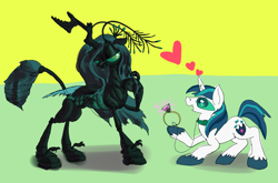 Size: 2500x1647 | Tagged: safe, artist:ja0822ck, queen chrysalis, shining armor, changeling, changeling queen, pony, unicorn, a canterlot wedding, g4, abdomen, antennae, claws, collar, compound eyes, exoskeleton, female, floating heart, heart, insectoid, jewelry, leash, love, mandibles, marriage proposal, mind control, ring, wedding ring