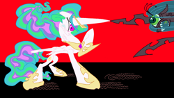 Size: 1920x1080 | Tagged: safe, artist:ja0822ck, princess celestia, queen chrysalis, alicorn, pony, a canterlot wedding, g4, fight, horn, horns are touching