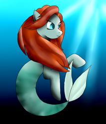 Size: 1700x2000 | Tagged: safe, artist:drawing-moo, mermaid, merpony, seahorse, seapony (g4), disney princess, female, fish tail, flowing mane, flowing tail, ocean, princess ariel, scales, seaponified, smiling, solo, species swap, swimming, tail, the little mermaid, underwater, water