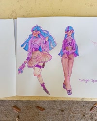 Size: 1080x1350 | Tagged: safe, artist:rubydoesart._, twilight sparkle, human, g4, clothes, dark skin, duo, female, humanized, magical girl, pants, scepter, skirt, traditional art