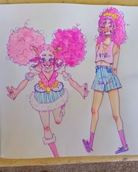 Size: 1080x1350 | Tagged: safe, artist:rubydoesart._, pinkie pie, human, g4, alternate hairstyle, belly, belly button, clothes, duo, female, grin, humanized, lanky, magical girl, midriff, skinny, skirt, smiling, thin, traditional art
