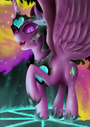 Size: 2894x4093 | Tagged: safe, artist:flaxen's art corner, princess cadance, alicorn, pony, g4, corrupted, evil, evil grin, fangs, grin, magic, magic circle, nightmare cadance, nightmare heart, nightmarified, sharp teeth, slit pupils, smiling, teeth