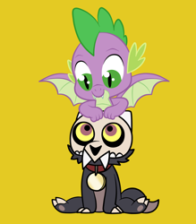 Size: 2622x3000 | Tagged: safe, artist:squipycheetah, spike, dragon, titan, g4, broken horn, collar, crossover, cute, duo, duo male, high res, horn, king clawthorne, looking down, looking up, male, pet tag, show accurate, simple background, sitting, skull, spikabetes, spread wings, the owl house, winged spike, wings, yellow background, yellow eyes