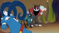 Size: 1280x720 | Tagged: safe, edit, edited screencap, screencap, cozy glow, grogar, lord tirek, queen chrysalis, centaur, changeling, changeling queen, pegasus, pony, frenemies (episode), g4, angry, bickering, bow, cloven hooves, evil lair, female, filly, floppy ears, flying, foal, former queen chrysalis, grogar's lair, grrrr, hair bow, horns, insect wings, lair, looking back, male, nose piercing, nose ring, piercing, raised hoof, septum piercing, spread wings, trio, wings