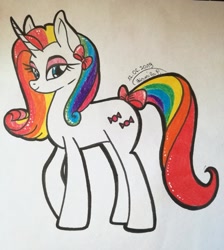 Size: 1280x1427 | Tagged: safe, artist:princesslunka10, oc, oc only, oc:rainbow, pony, unicorn, female, horn, looking at you, mare, multicolored hair, solo, traditional art, unicorn oc